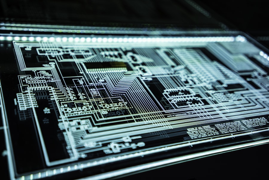 Circuito electrónico iluminado, símbolo del trabajo con inteligencia artificial